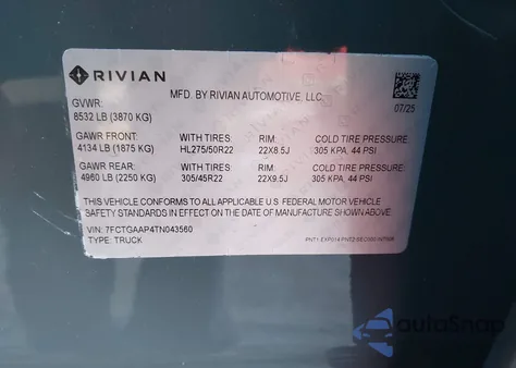 2026 Rivian R1T from USA, damaged, VIN 7FCTGAAP4TN043560